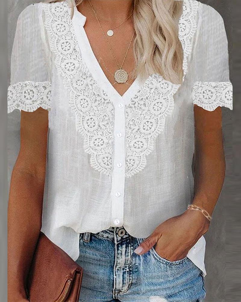 

Contrast Lace Short Sleeve Button Front Shirt, White