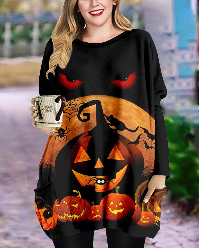 

Plus Size Halloween Pumpkin Print Long Sleeve Dress, Black