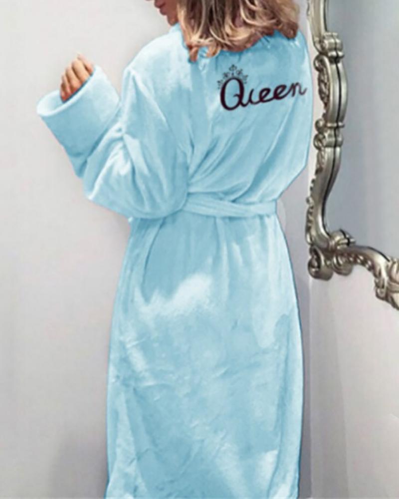 

Letter Print Tied Detail Long Sleeve Fluffy Robe, Blue