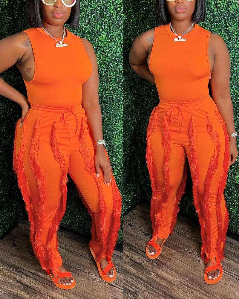 

Casual Tank Top & Tassel Decor Drawstring Pants Set, Orange