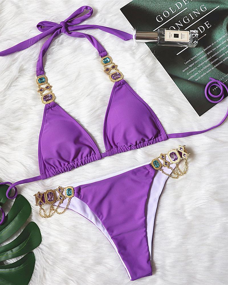 

Rhinestone Chain Decor Tied Detail Bikini Set, Purple
