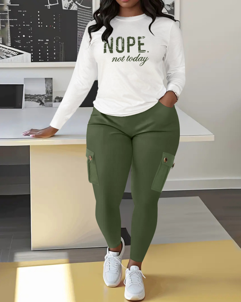 

Conjunto de 2 peças com estampa de letras, gola redonda, manga comprida, blusa e calças skinny com design de bolso casual, Green