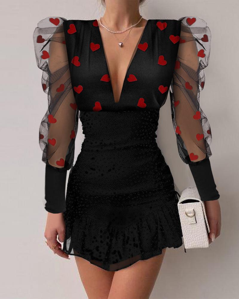 

Heart Flocked Sheer Mesh Puff Sleeve Bodycon Dress, Black