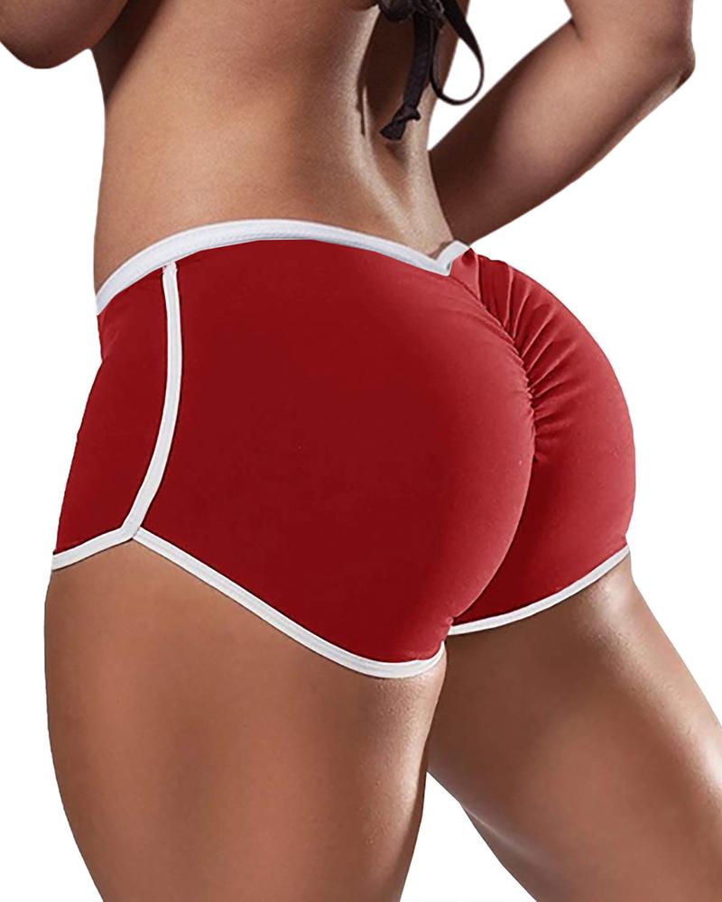 

Low Waist Contrast Binding Ruched Yoga Shorts, Wine red