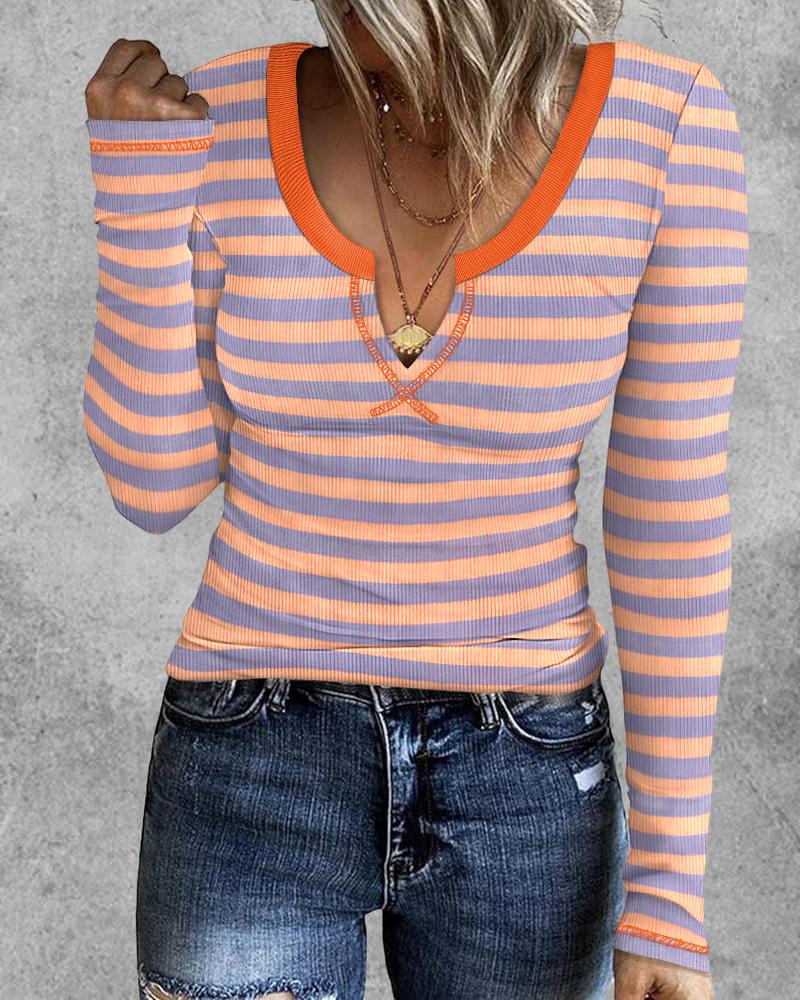 

Listrado Notch Neck Manga Longa Canelado Top Pulôver Slim Fit Tee, Orange