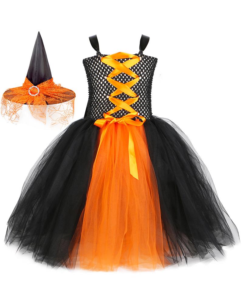 

Halloween Cosplay Witch Colorblock Sheer Mesh Lace-up Kids' Costume Tutu Dress With Hat, Orange