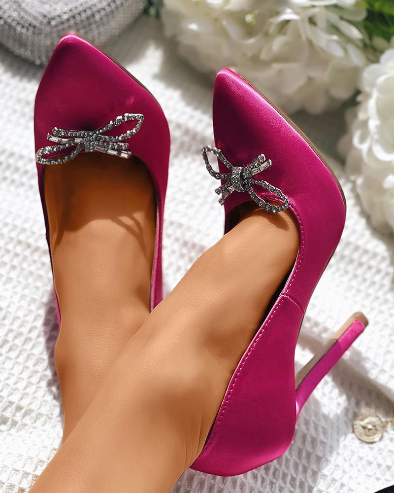 

Bowknot Decor Point Toe Stiletto Heel Pumps, Hot pink