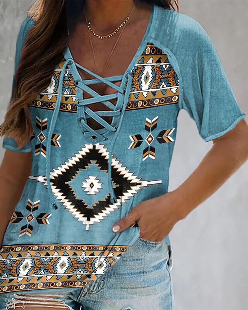 

Tribal Print Eyelet Lace Up V Neck Top, Blue