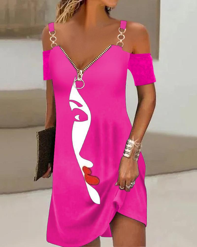 

Abstract Figure Print Cold Shoulder Casual Dress, Rose red