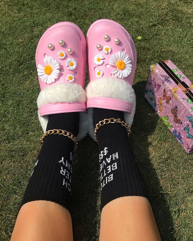 

Daisy Pattern Beaded Lined Fluffy Clogs, Pink