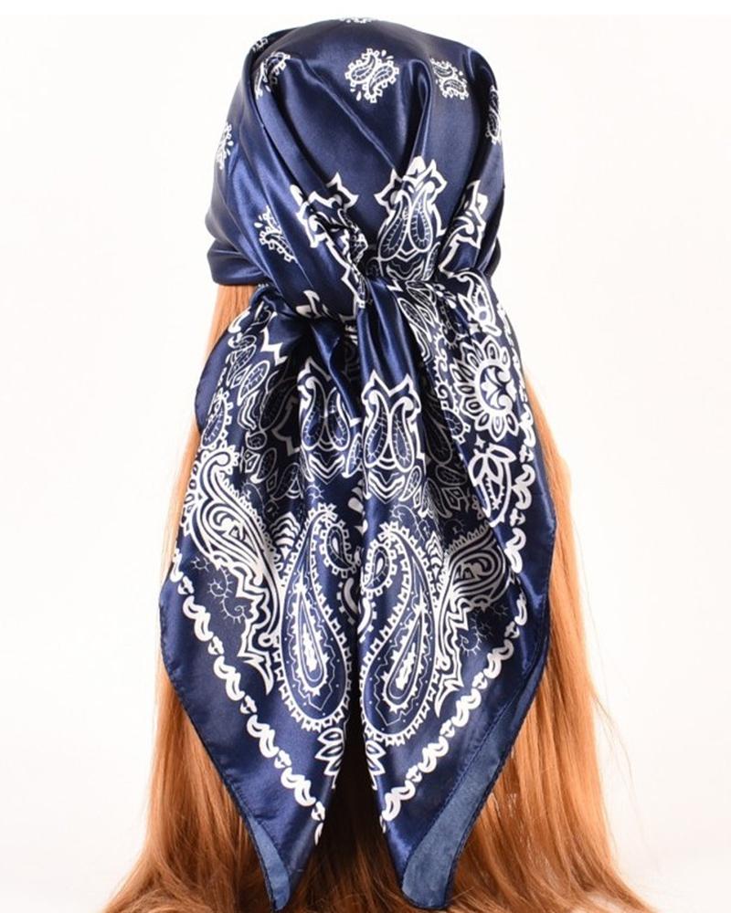 

Paisley Print Satin Hair Bandana Wrap Square Scarf, Dark blue