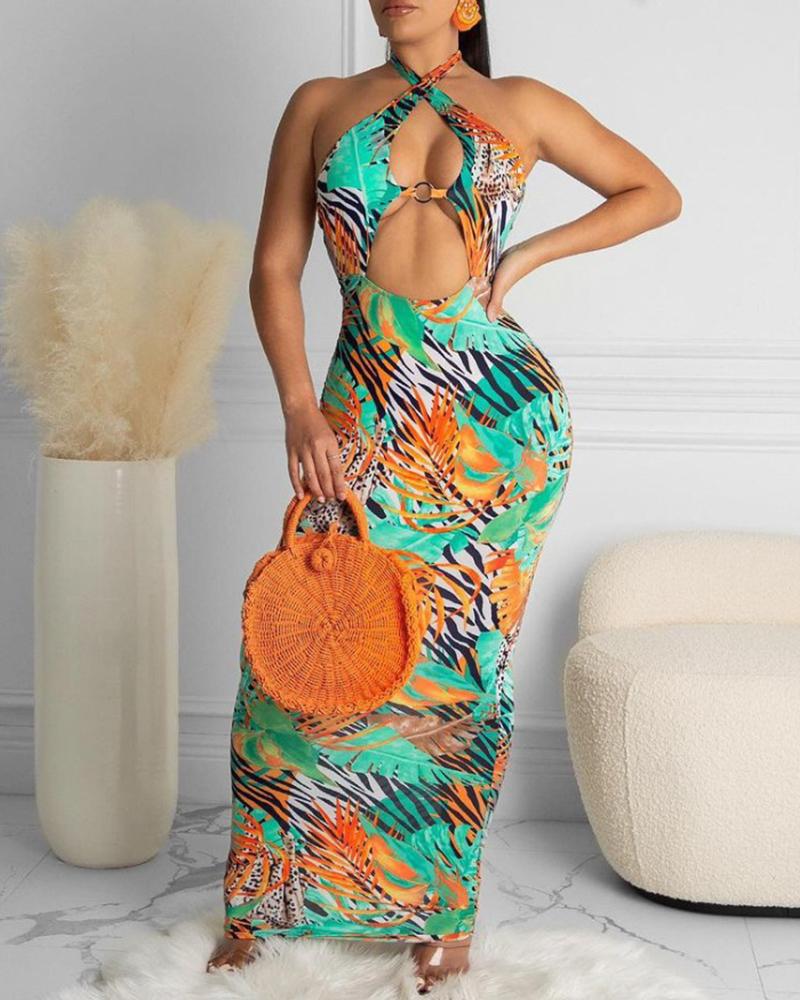 

Tropical Zebra Stripe Print Halter O-Ring Cutout Maxi Dress, Green