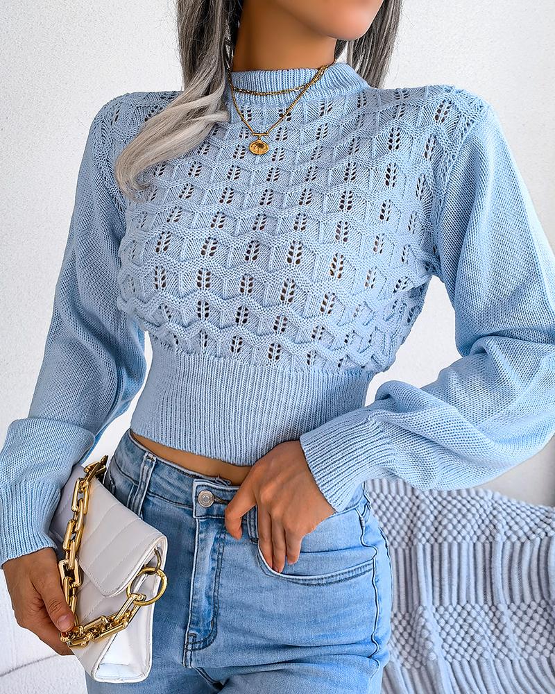 

Hollow Out Lantern Sleeve Knit Crop Sweater, Blue