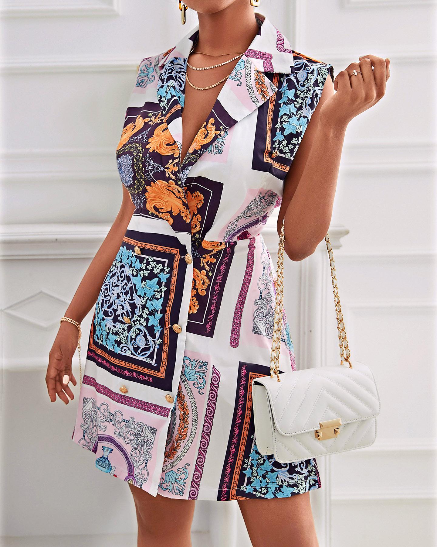 

Scarf Print Button Design Blazer Dress, White
