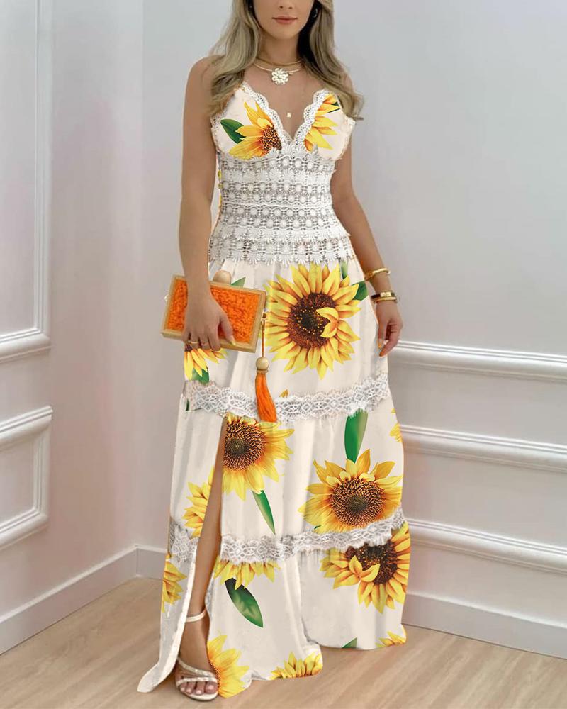 

Sunflower Print Contrast Lace Split Hem Maxi Dress, White