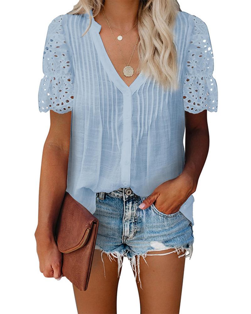 

Lace Embroidery V-Neck Ruched T-shirt, Blue