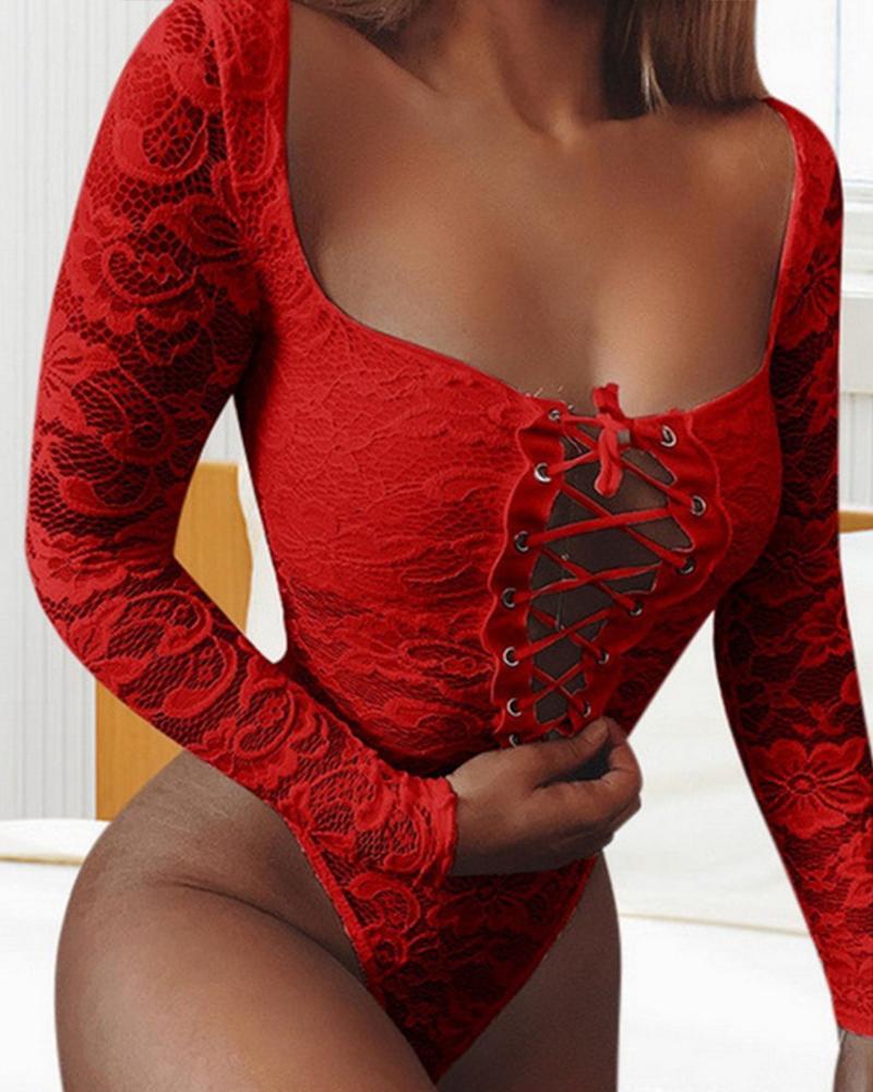 

Plain Lace Eyelet Lace Up Teddy, Red