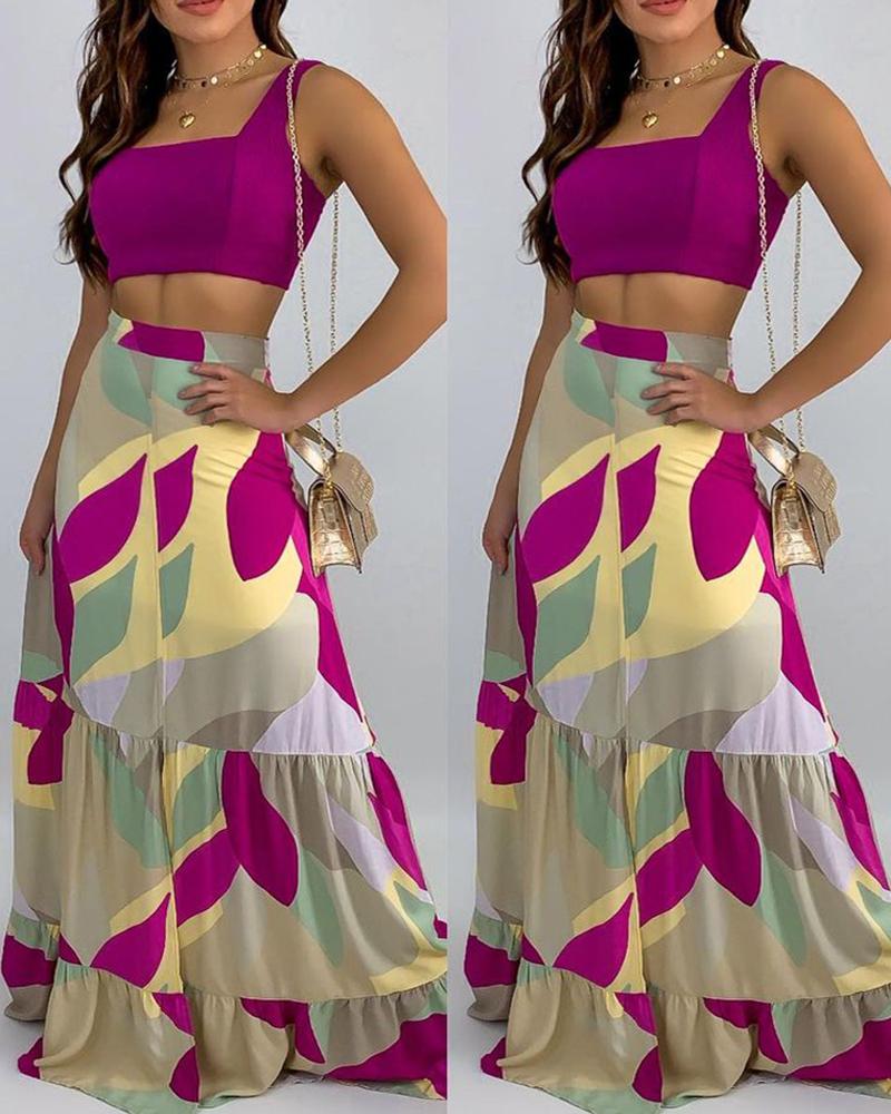 

Thick Strap Crop Top & High Waist Skirt Set, Purple
