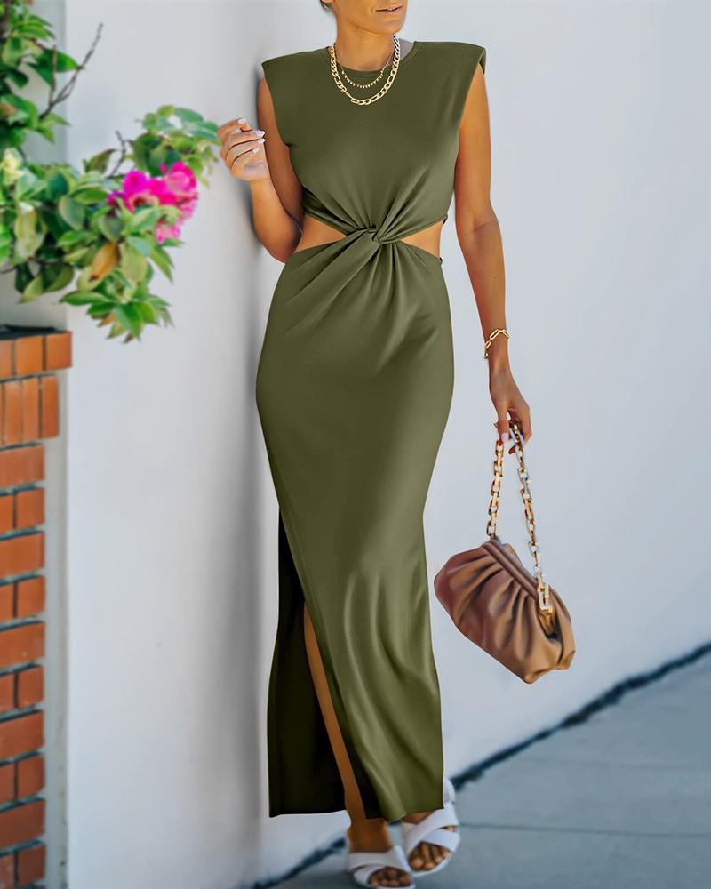 

O-Neck Padded Shoulder Twisted High Slit Cutout Maxi Dress, Army green