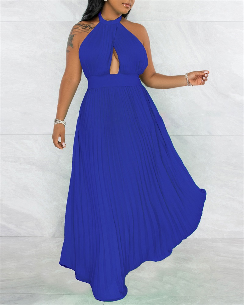 

Halter Backless Pleated Maxi Dress, Blue
