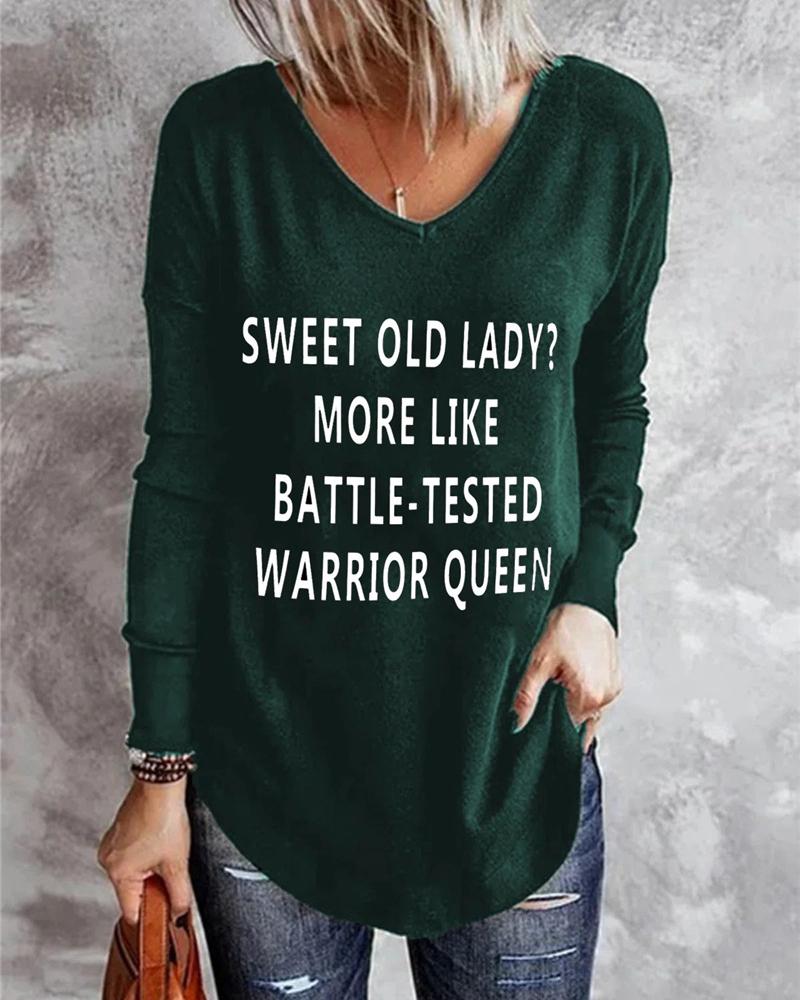 

Long Sleeve V-Neck Letter Print Top, Green