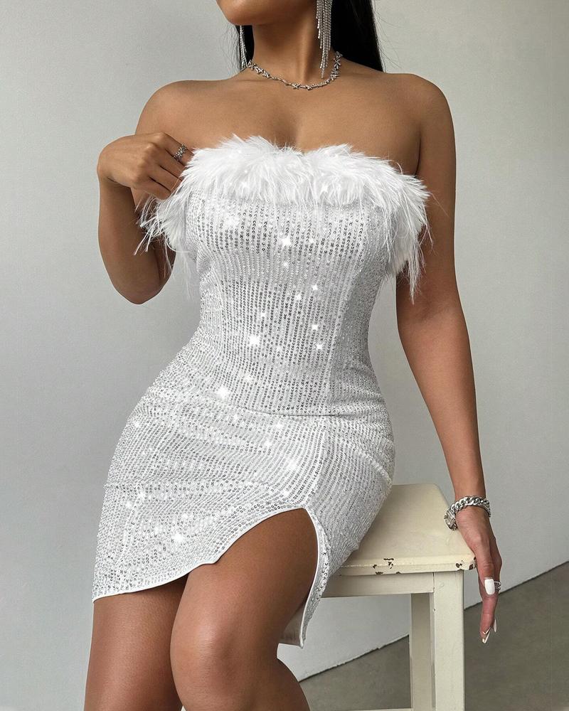 

Feather Detail Allover Sequin Party Dress, White