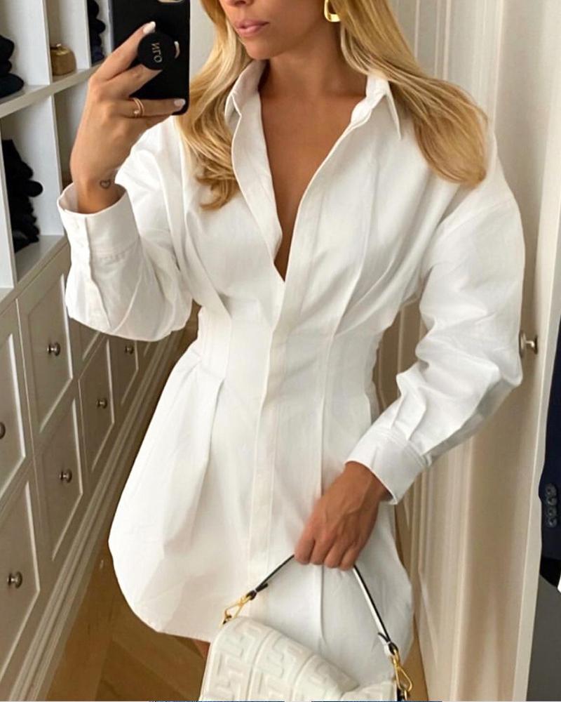 

Solid Color Long Sleeve Shirt Dress, White