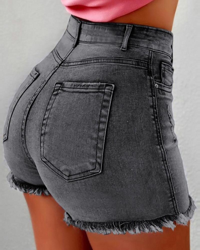 

High Waist Fringe Hem Casual Denim Shorts, Gray