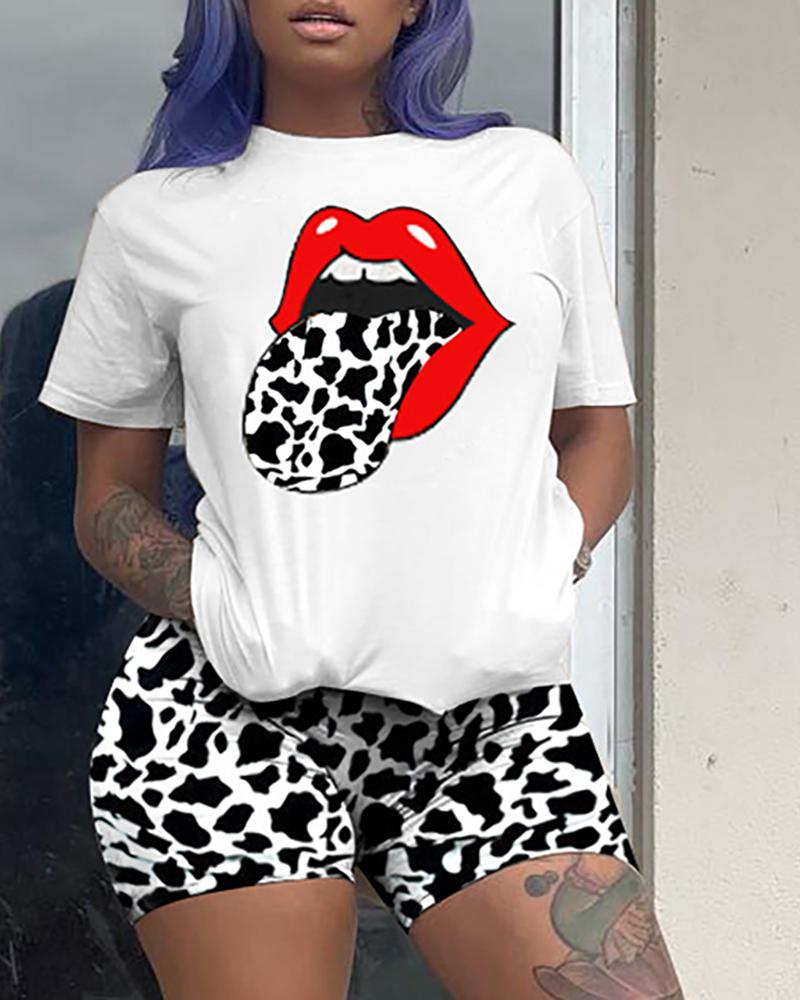 

Lip Print Colorblock Short Sleeve Top & Shorts Set, Black