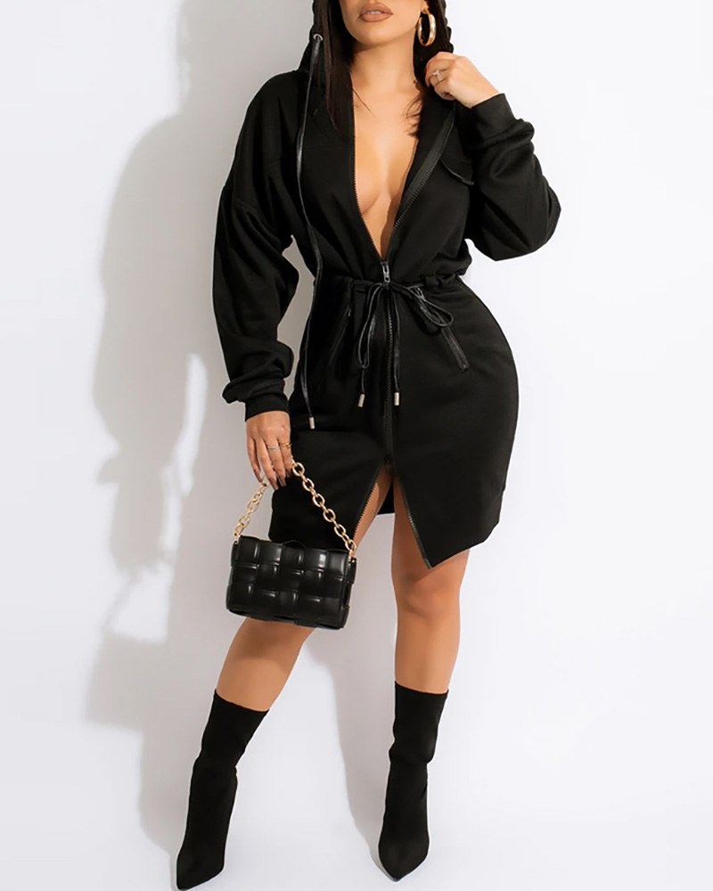 

Zipper Design Drawstring Hooded Casual Dress, Black