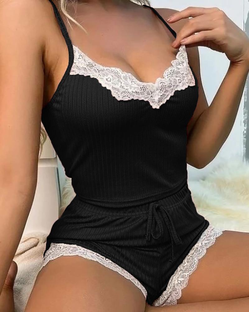 

Crochet Lace Patch Drawstring Cami Set, Black