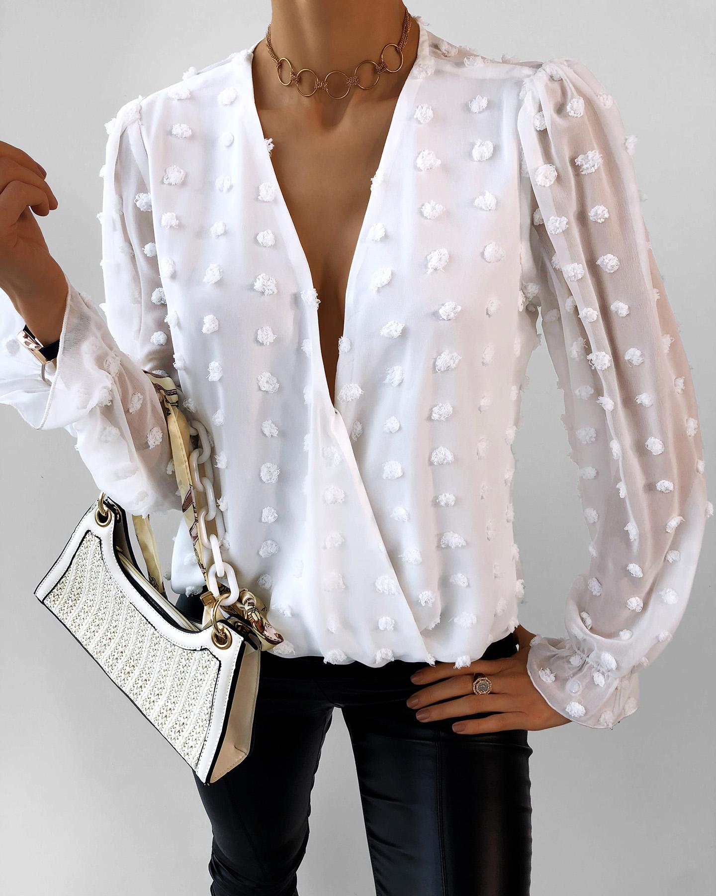 

Swiss Dot Plunge Sheer Mesh Blouse, White