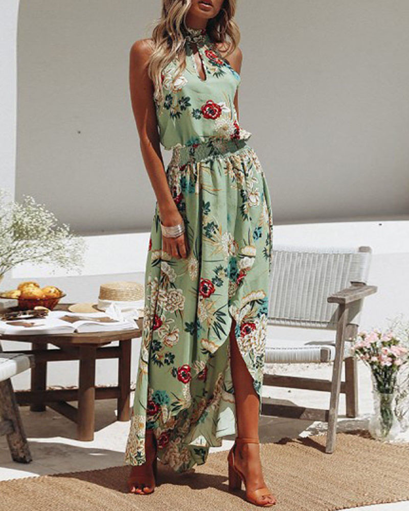 

Shirred Waist Floral Print Dress, Green