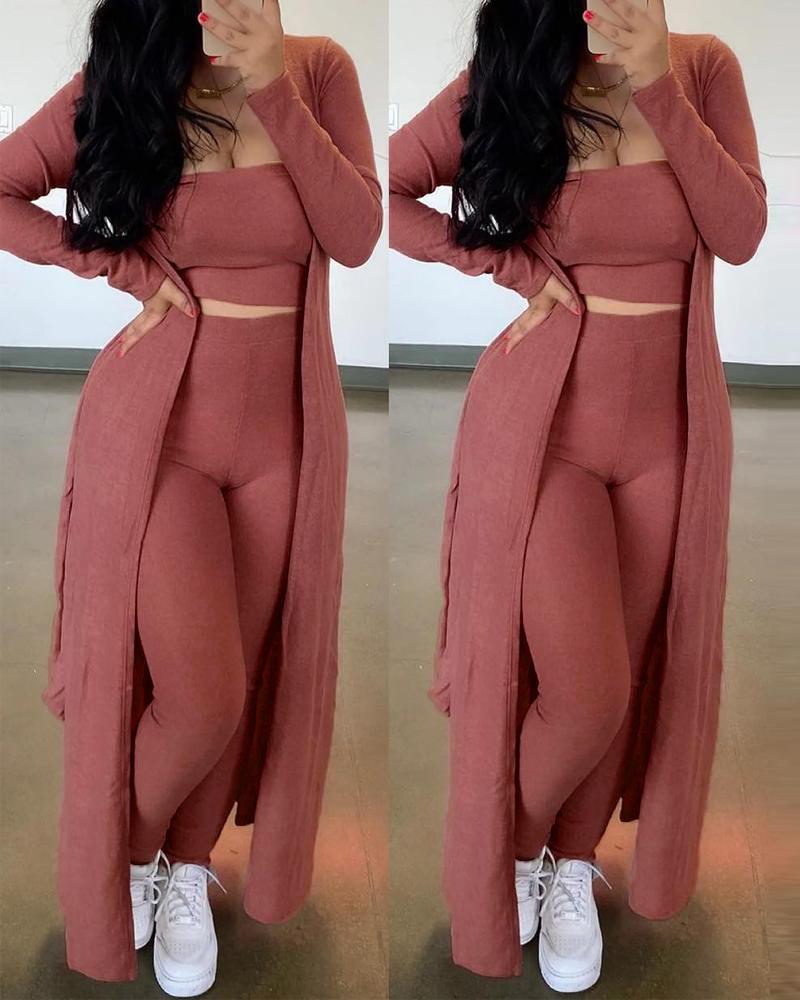 

3PCS Plain Crop Top & Pants Set With Longline Coat, Pink