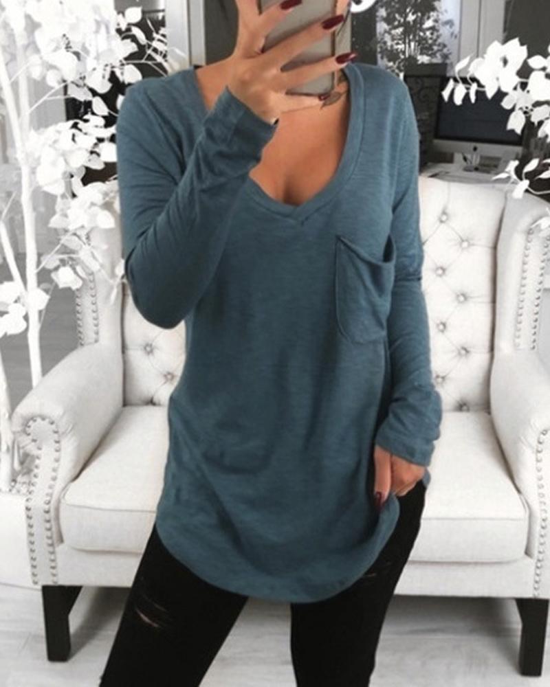 

Plus Size Pocket Detail Long Sleeve Top, Blue