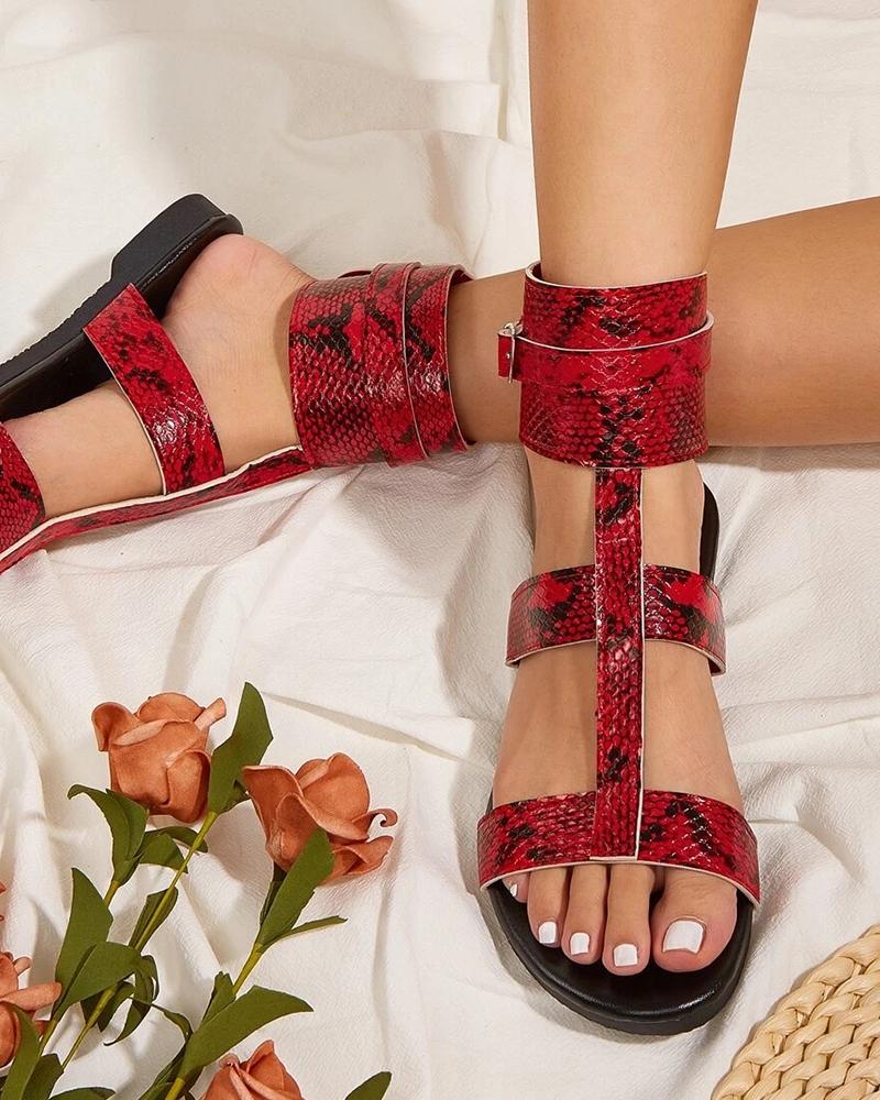 

Round Toe Snakeskin Print Cut-out Flat Sandals, Red