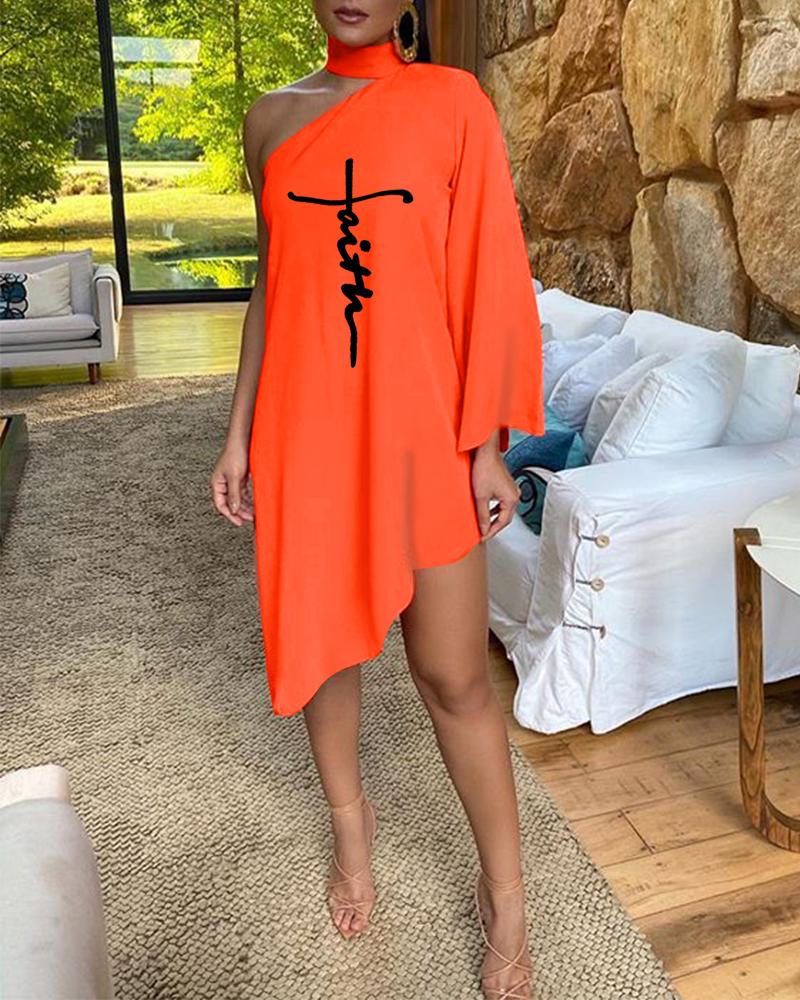 

Letter Print One Shoulder Asymmetrical Casual Dress, Orange