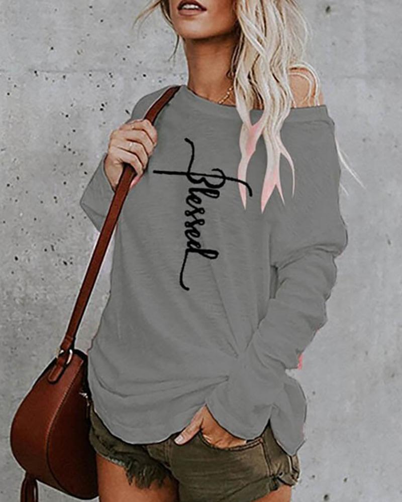 

Letter Print Long Sleeve Casual Top, Gray