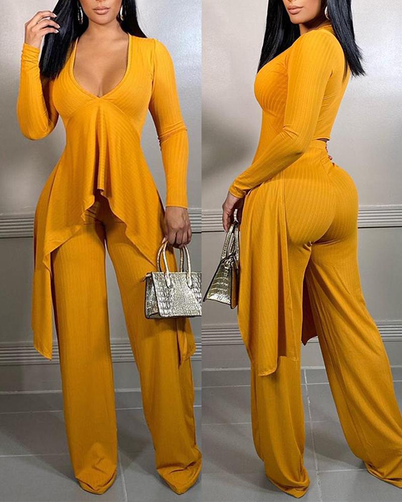 

Long Sleeve Asymmetrical Hem Top & Pants Set, Yellow