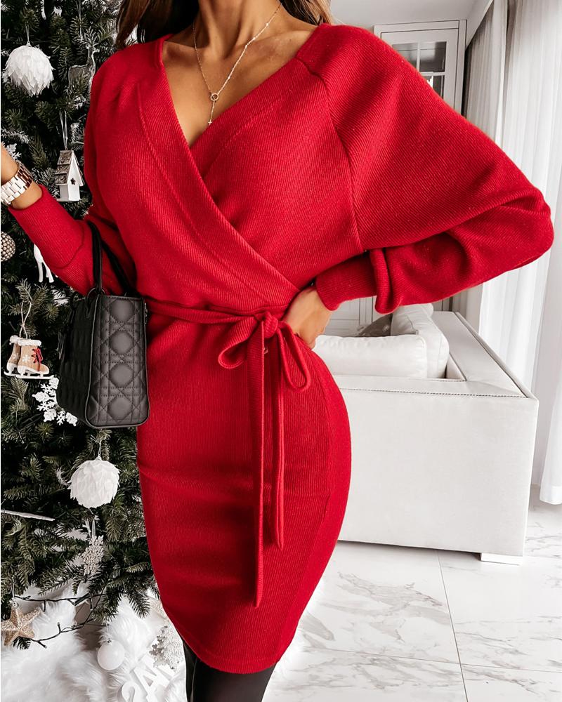 

Batwing Sleeve V-Back Wrap Belted Knitted Dress, Red