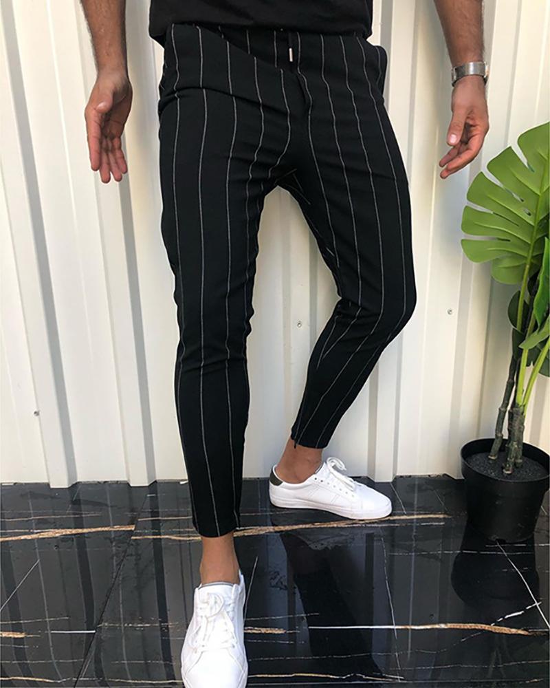 

Men Striped Print Pencil Pants, Black