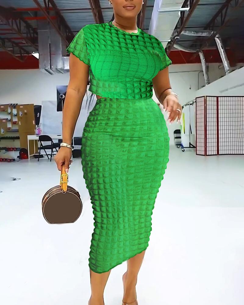 

Bubble Textured Crop Top & High Waist Skirt Set, Green