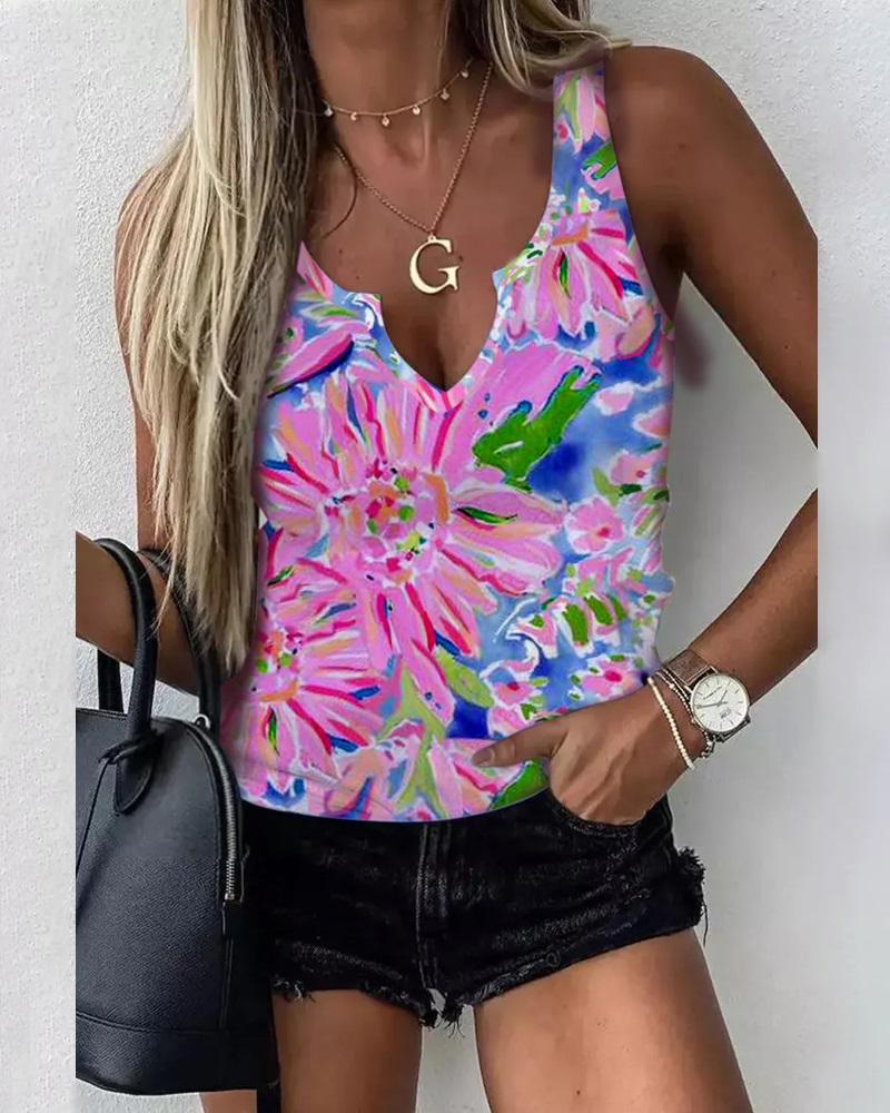 

Floral Print Notch Neck Sleeveless Tank Top, Pink