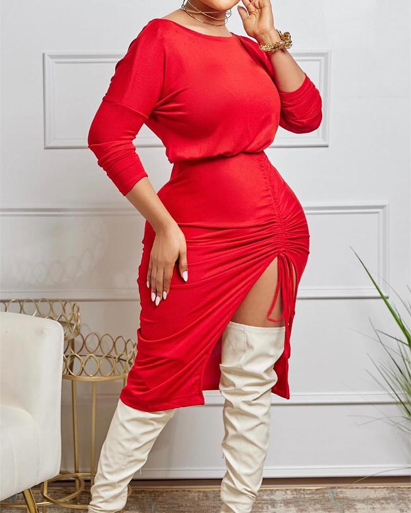 

Plus Size Slit Drawstring Casual Dress, Red