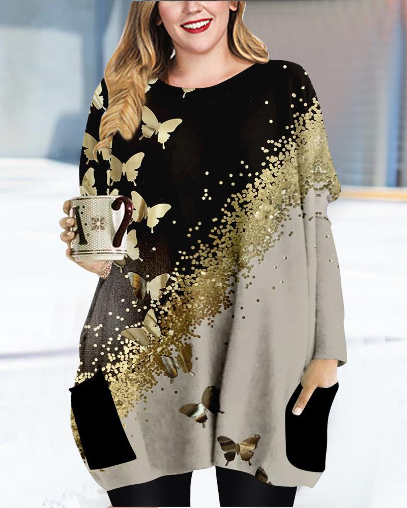 

Plus Size Butterfly Print Pocket Detail Long Sleeve Top, Black