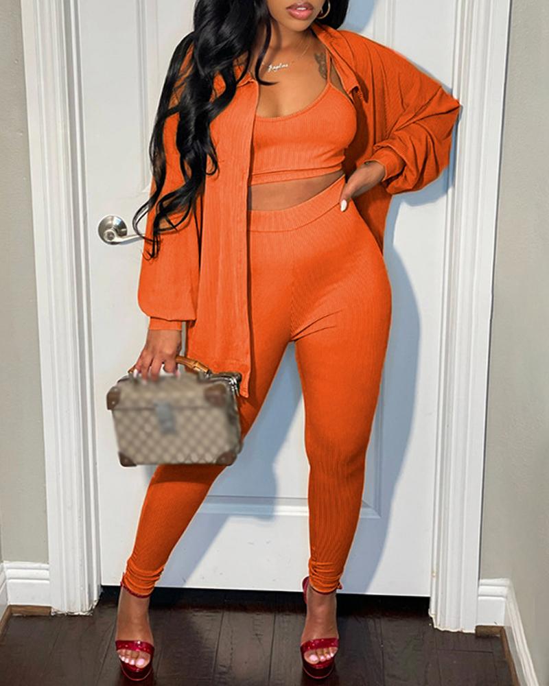 

3PCS Button Down Shirt & Pants Set With Crop Cami Top, Orange