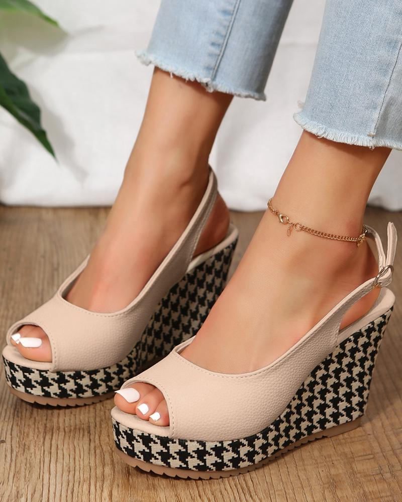 

Houndstooth Slingback Peep Toe Wedge Heels, Apricot