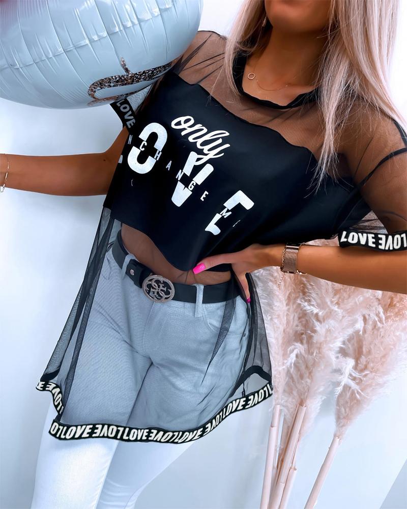 

Letter Heart Print Sheer Mesh Top, Black