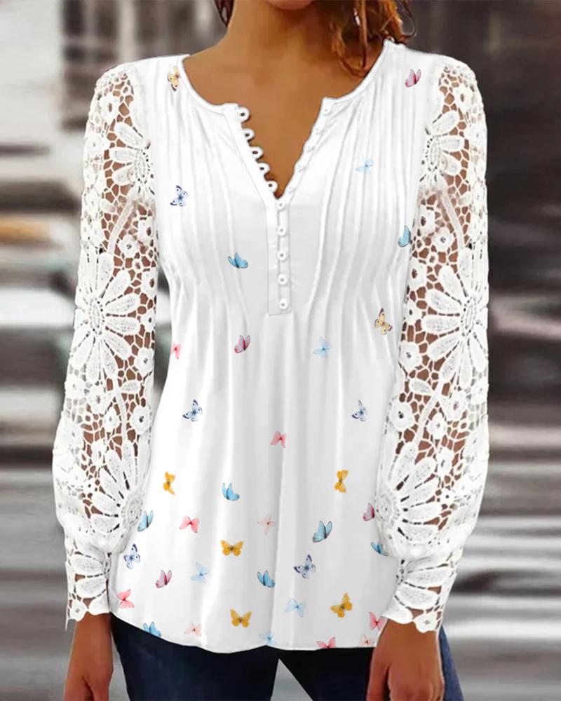 

Butterfly Print Contrast Lace Long Sleeve Top, White