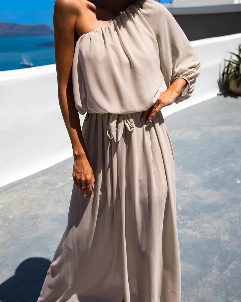 

One Shoulder Ruched Detail Maxi Dress, Apricot